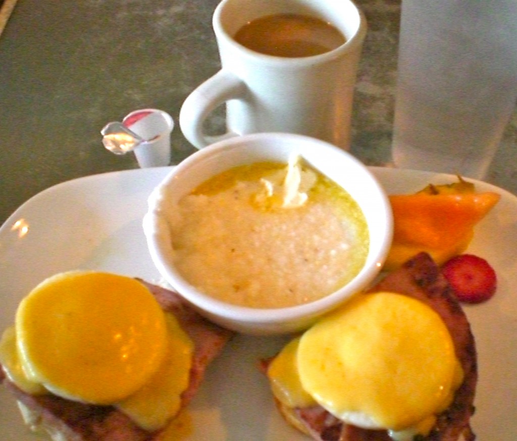 Southern grits, with eggs benedict, using southern biscuits instead of english muffins